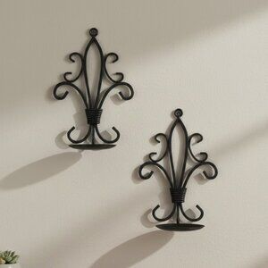 Wrought Iron Candle Holders Wall Sconces Black Rustic Distressed Fleur-de-Lis
